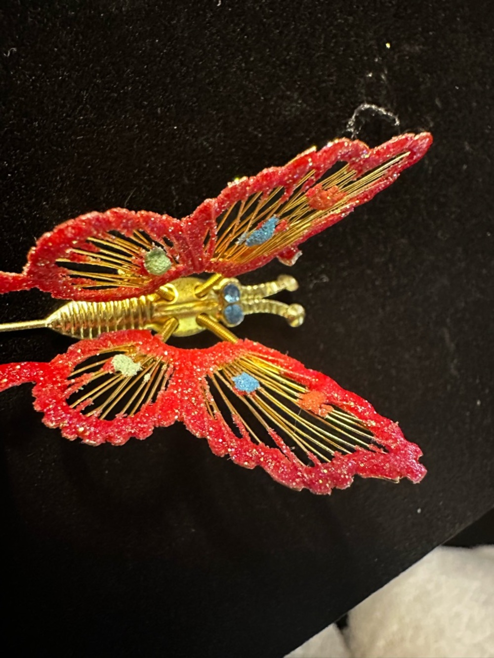 Vintage Red Glitter Butterfly Brooch with Gold Accents - Picture 6 of 13